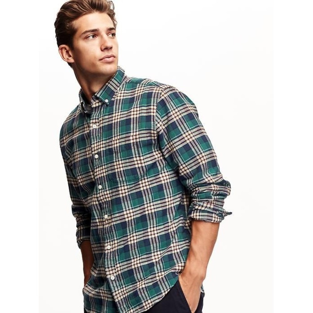 Old Navy Men's Slim Fit Plaid Flannel Shirt Green Large